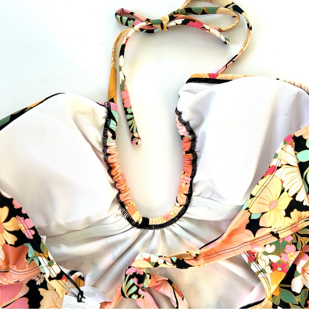 Shade & Shore Multi Yellow Floral Halter Keyhole Bandeau One Piece Swimsuit - Picture 6 of 9